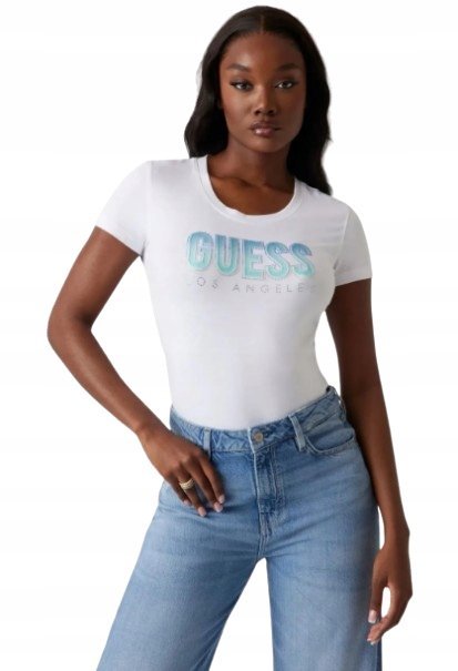 GUESS BIAŁY T-SHIRT DAMSKI Z CEKINAMI OKRĄGŁY DEKOLT PROSTY M GMA