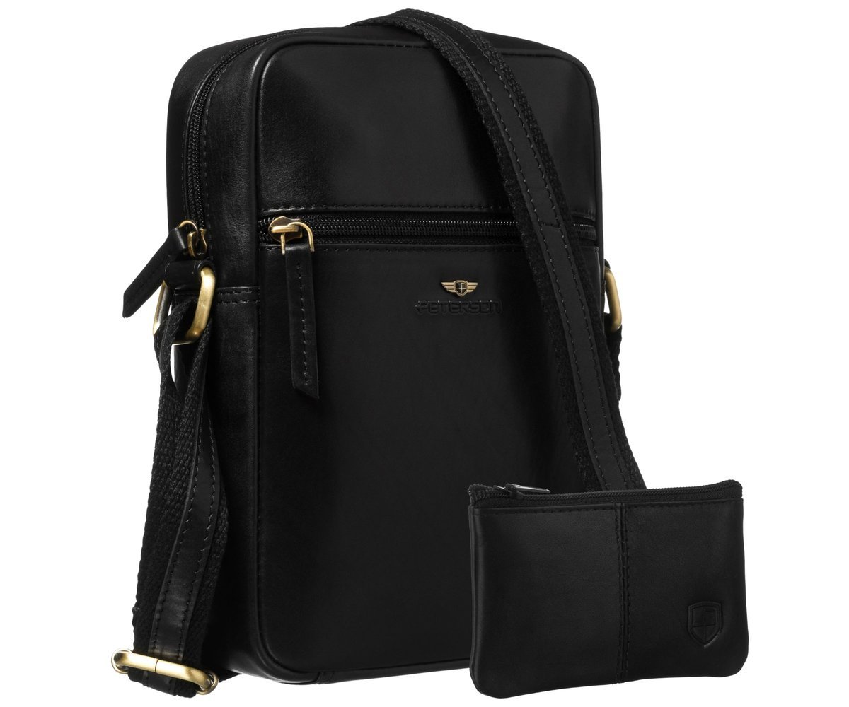 Torebka męska skórzana PETERSON mała minimalistyczna na co dzień listonoszka na ramię saszetka na co dzień kieszonki na dokumenty telefon czarna + e..