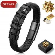 Bransolety męskie - Czarna Skórzana Bransoletka Męska Tytanowa Z Grawerem Regulowana - miniaturka - grafika 1