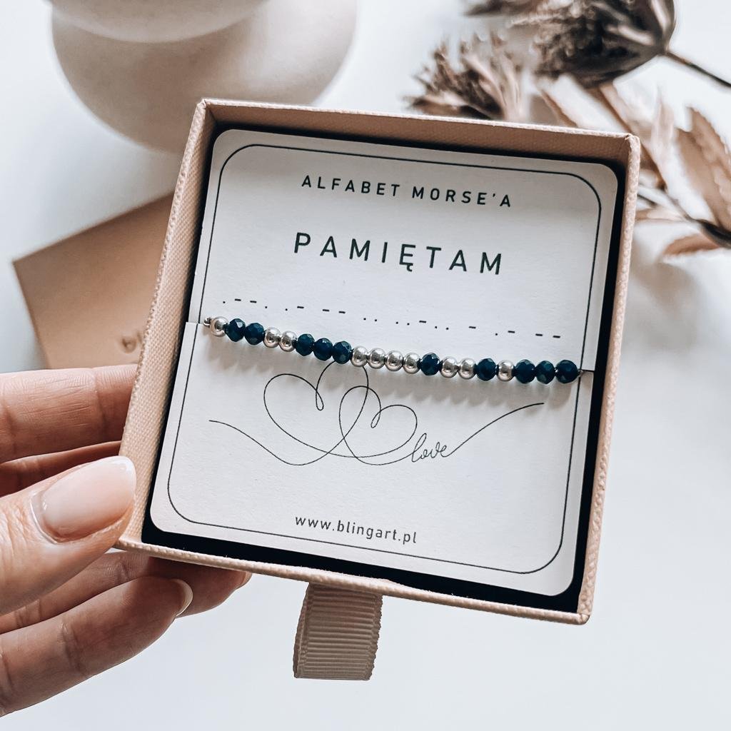Bransoletka PAMIĘTAM kodowana alfabetem morse'a kamienie naturalne stal chirurgiczna