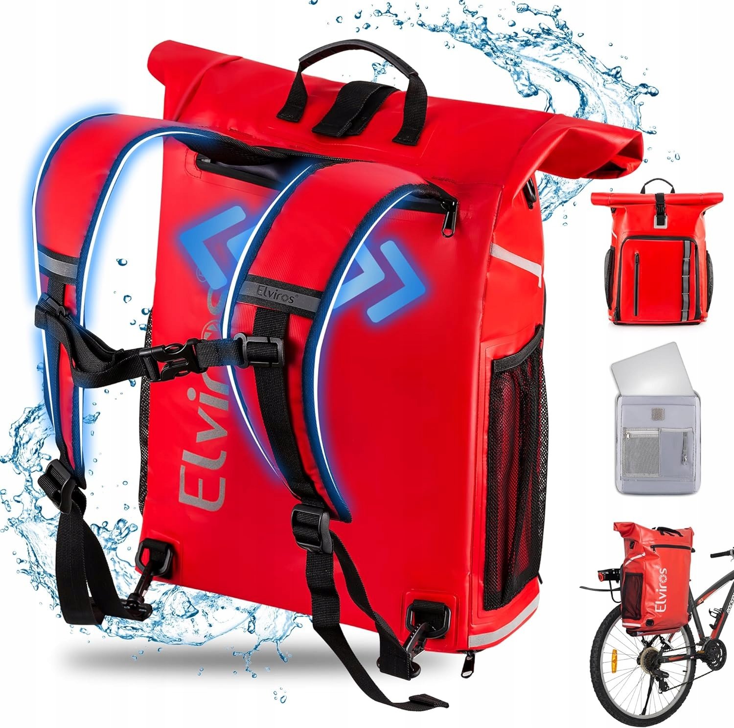 Torba Plecak Sakwa Rowerowa 3w1 Wodoodporna 20-27L Odblask Elviros Czerwona