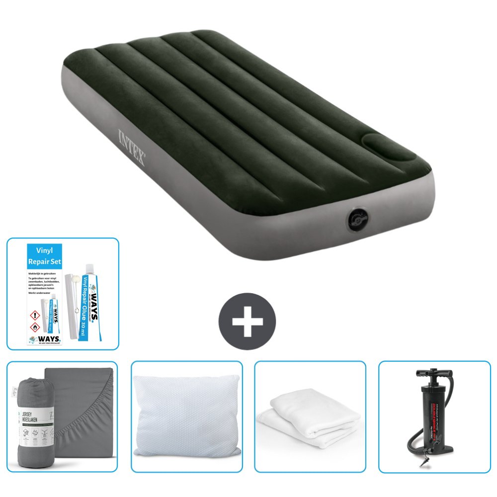 Dmuchane łóżko Intex - 1 osoba - 76 x 191 x 25 cm - zielone - prześcieradło - całowanie - pompka - zestaw naprawczy en ochraniacz na poduszkę