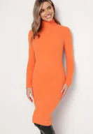Sukienki - Pomarańczowa Sweterkowa Puchata Sukienka Midi z Wełny z Golfem Sebhat - miniaturka - grafika 1