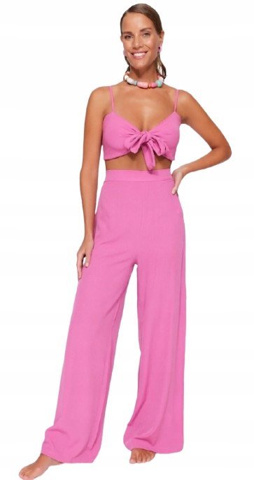 TRENDYOL KOMPLET DAMSKI RÓŻOWY SPODNIE SZEROKIE TOP WIĄZANY 38 5_A