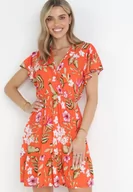 Sukienki - Pomarańczowa Sukienka Mini z Gumką w Pasie i Krótkimi Rękawami z Wiskozy Ferny - miniaturka - grafika 1
