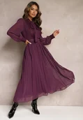 Sukienki - Ciemnofioletowa Plisowana Sukienka Maxi z Koronką i Paskiem Venila - miniaturka - grafika 1