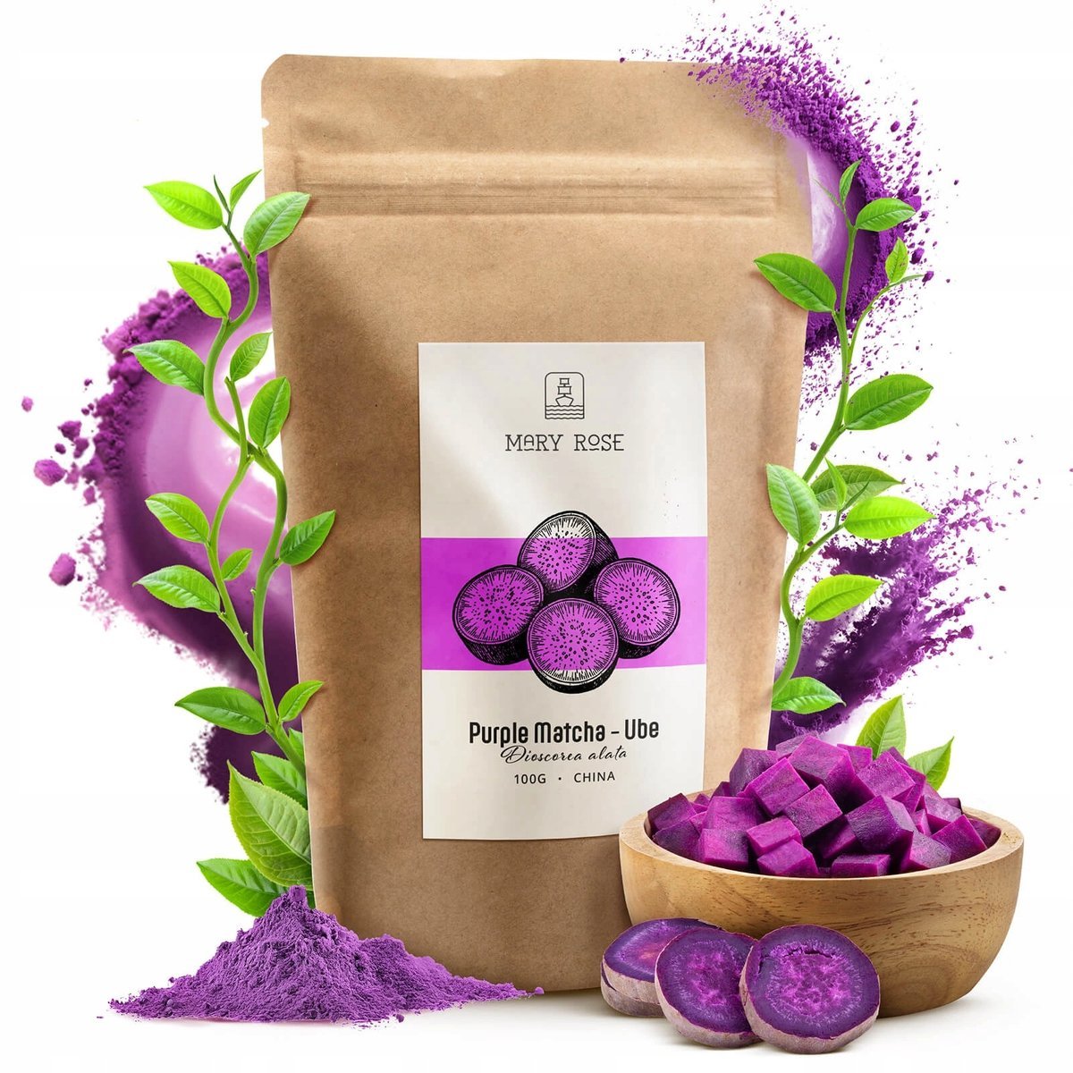 PURPLE MATCHA CHINSKA MARY ROSE UBE W PROSZKU MACZA FIOLETOWA 100G