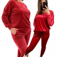 Dresy damskie - Dres WELUROWY komplet mięsisty przez głowę wygodny ciepły 50 52 5XL CZERWO - miniaturka - grafika 1