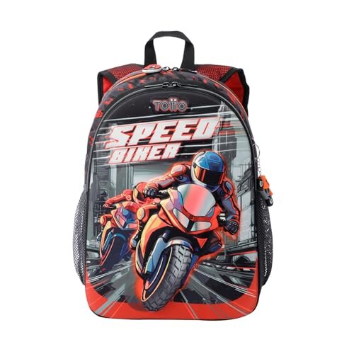 TOTTO - Plecak dziecięcy, model Speed Biker M, średni plecak, pojemność 16 l, 2 przegródki, 2 kieszenie na butelkę, wewnętrzny organizer, wyściełane paski, wytrzymały i trwały, kolor czerwony