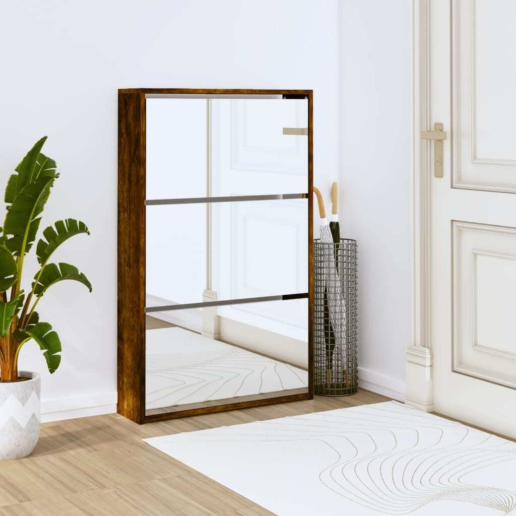 vidaXL Szafka na buty z lustrem 3 przegrody dąb wędzony 63x17x102,5 cm - Stojak na buty - Półki na buty - Przechowywanie butów - Szafka na buty