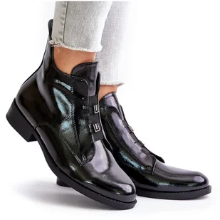 Lakierowane Botki Na Zamek Ocieplane Płaski Obcas S.Barski HY42-717 Czarne - Botki damskie - miniaturka - grafika 1