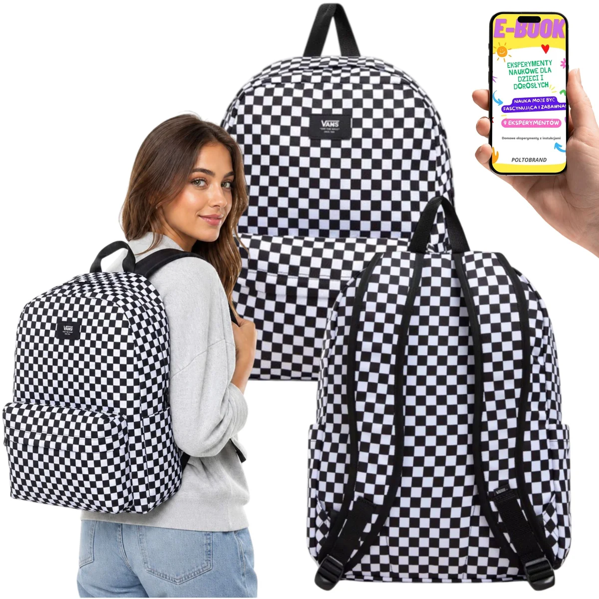PLECAK SZKOLNY VANS Old Skool Check SZACHOWNICA Czarny Biały A4 22L + E-BOOK