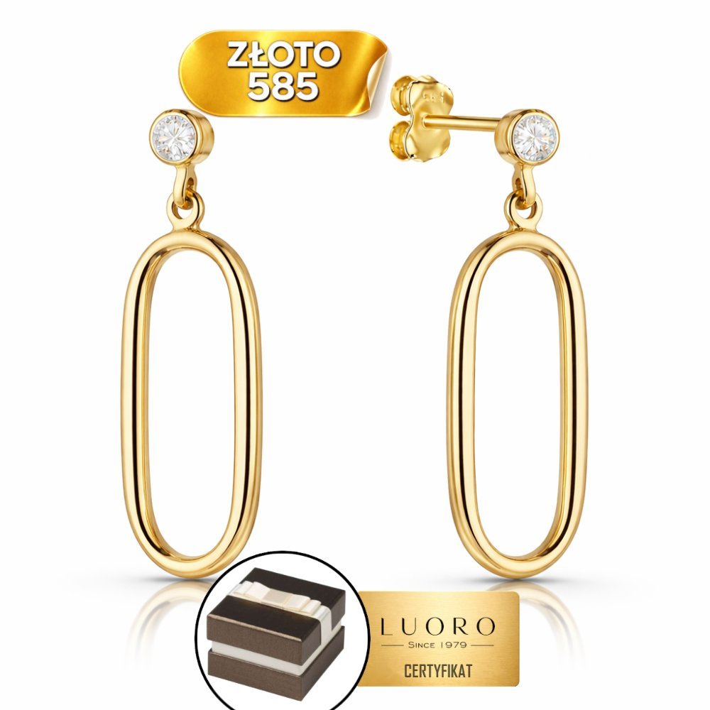 KOLCZYKI ZŁOTE 585 14K OWAL Z CYRKONIĄ ZAPIĘCIE SZTYFT 2,4 CM ELEGANCKIE