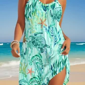 Sukienki - TEMU Bluzka Bez Rękawów w Stylu Boho z Tropikalnym Wzorem – Kolorowe Niebiesko-Zielone Kwiaty i Rozgwiazdy, Lekki Elastyczny Top na Wakacje, Pranie - miniaturka - grafika 1
