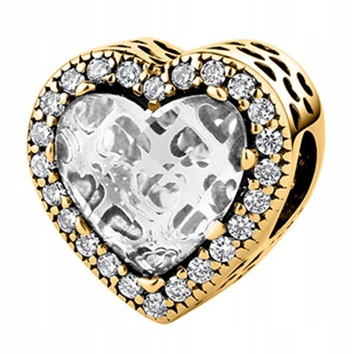 Złoty Charms Biały Kamień Serce z Cyrkoniami Kryształowy SREBRO 925