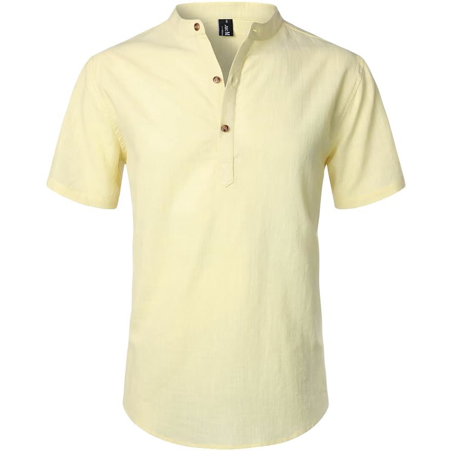 Męska Koszula Henley Lniana Bawełniana Casual Plażowa Slim Fit Żółta 3XL