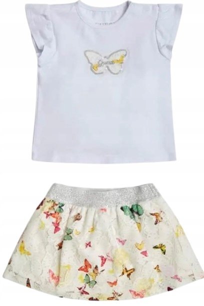GUESS KOMPLET DZIEWCZĘCY BLUZKA Z FALBANKAMI SPÓDNICZKA MOTYLE 74/80 GXA