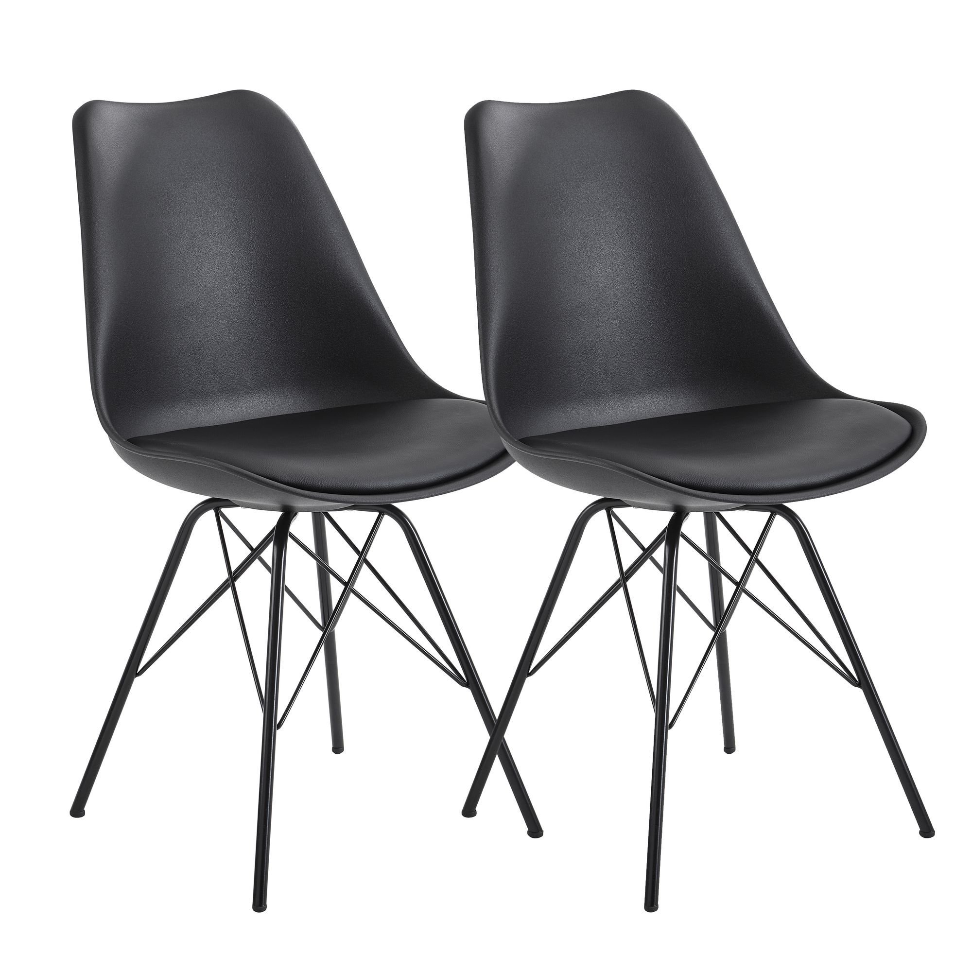 WOHNLING Krzesło do jadalni zestaw 2 sztuk czarne plastikowe krzesło kuchenne skandynawski design, krzesło muszelkowe z pokryciem z imitacji skóry, krzesło tapicerowane Krzesło tapicerowane