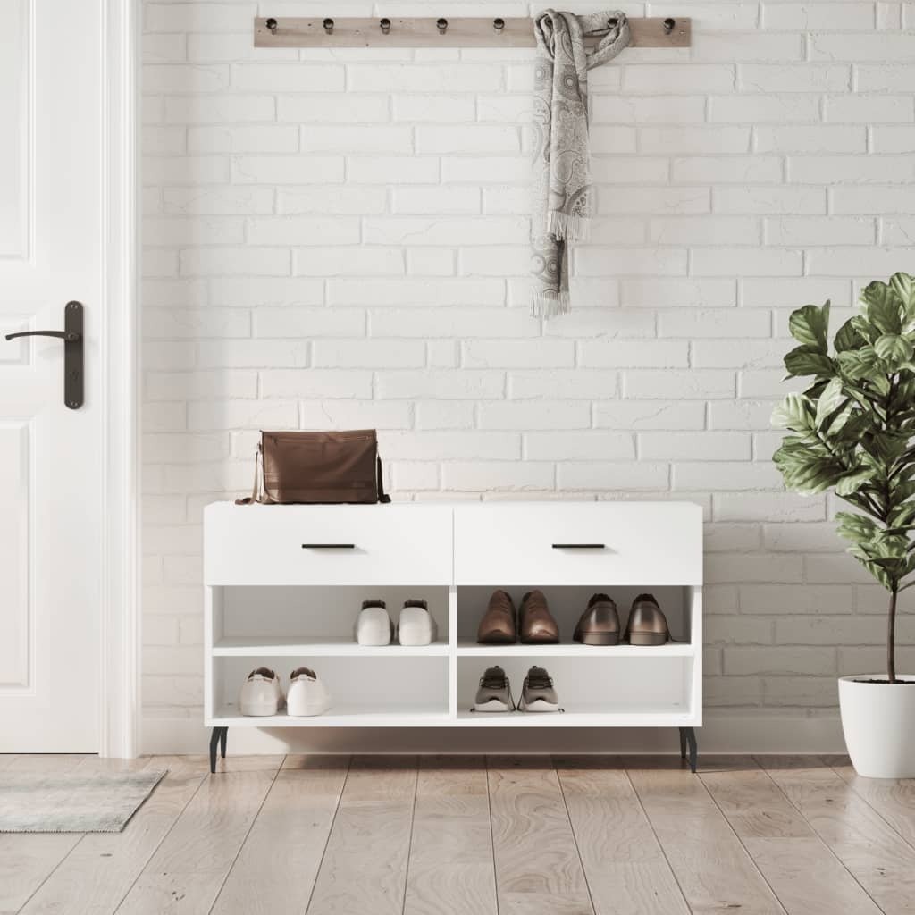 vidaXL Ławka na buty biała 102x35x55 cm Materiał drewnopochodny - Ławka na buty - Ławki na buty - Ławka z miejscem do przechowywania - Stojak na buty