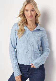 Swetry damskie - Niebieski Klasyczny Sweter w Ozdobny Splot Mulls - grafika 1
