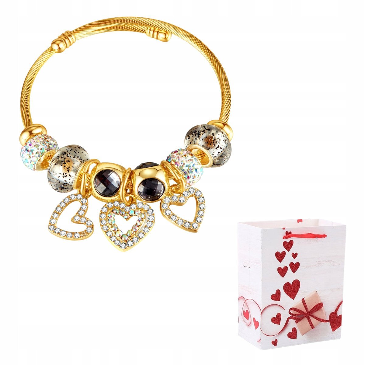 Bransoletka Złota Modułowa Regulowana Serca Kryształki Stal Chirurgiczna