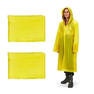 Kurtki męskie - Relaxdays Płaszcz przeciwdeszczowy, zestaw 2 sztuk, z kapturem, ponczo przeciwdeszczowe, wielokrotnego użytku, dla kobiet i mężczyzn, wodoszczelny, długi, lekki, żółty - grafika 1