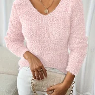 Swetry damskie - TEMU Damski elegancki, puszysty sweter z długim rękawem i wycięciem w kształcie litery V - miękki, rozciągliwy, jednokolorowy pulower na - miniaturka - grafika 1