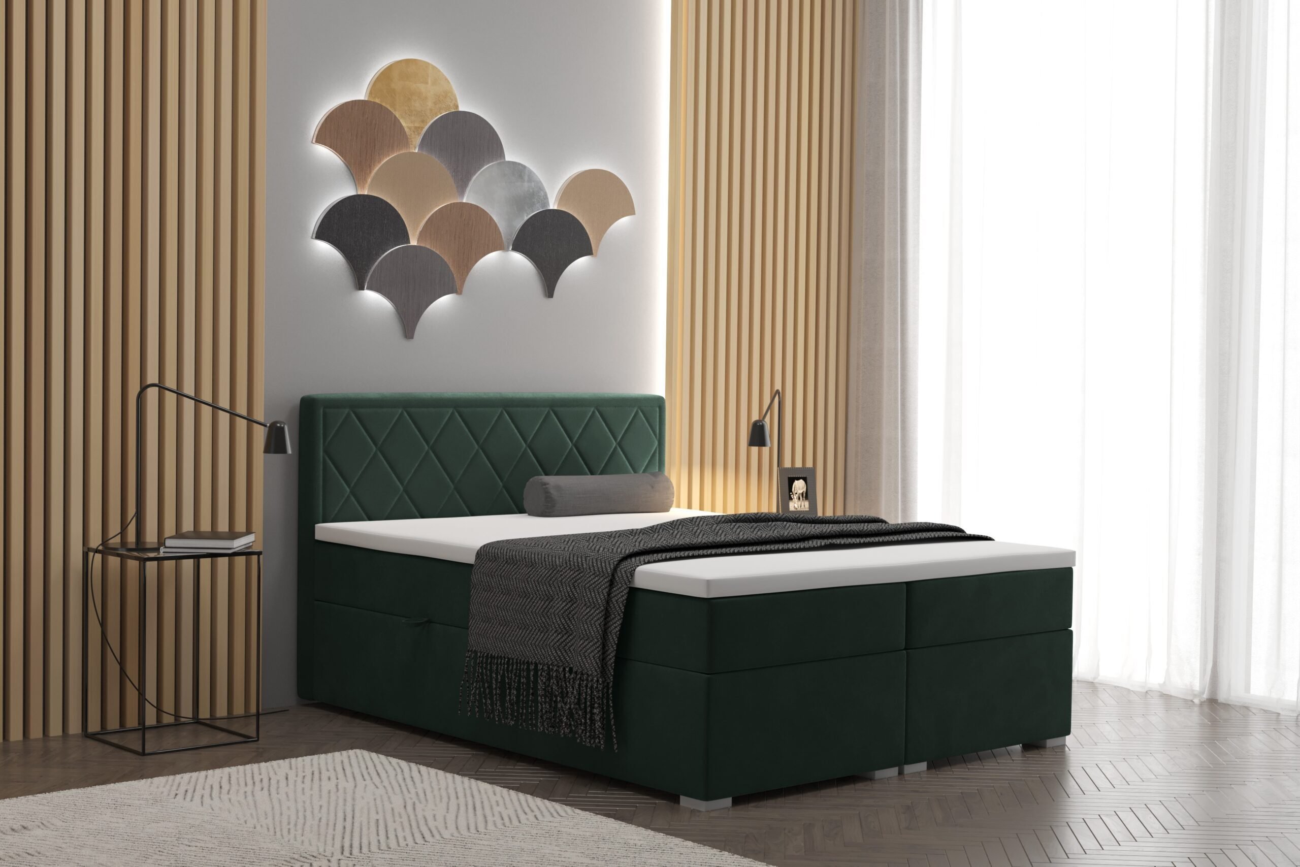 Łóżko kontynentalne SEVILLA z funkcją przechowywania, tkanina Rivieria, wiele kolorów Zielony 200x200 cm