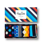 Skarpetki męskie - Happy Socks 4-Pack Stripe Gift Box, kolorowe i zabawne, Skarpetki dla kobiet i mężczyzn, Niebieski-Czerwony-Turkus-Biały-Żółty (36-40) - miniaturka - grafika 1
