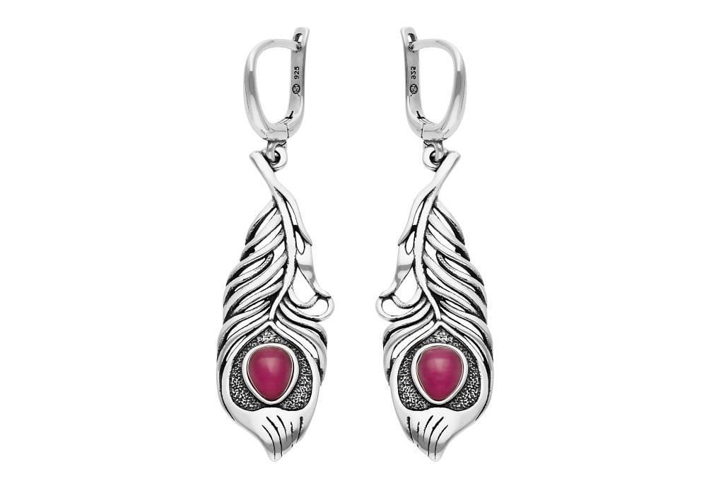 Srebrne kolczyki 925 długie pióra z rubinowymi kamieniami