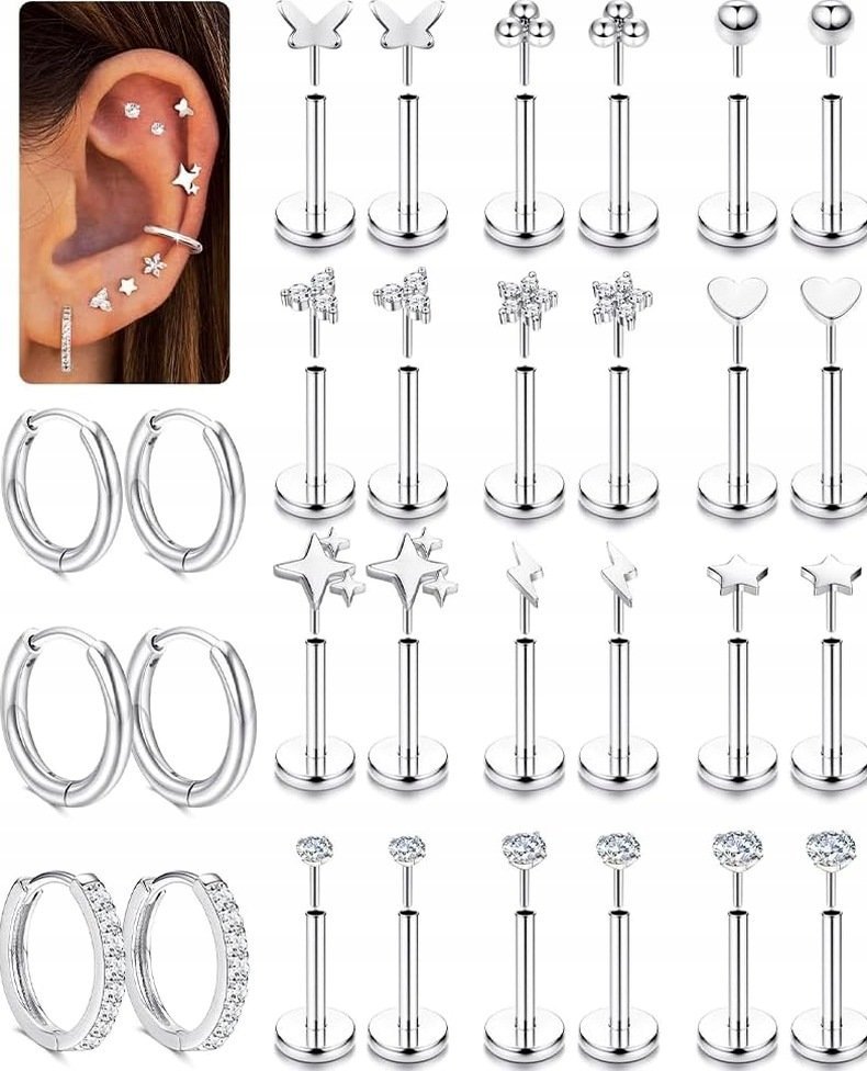 KOLCZYKI BEZ NICI PŁASKI TYŁ SZTYFT LABRET HELIX CHRZĄSTKA MEDUZA STAL