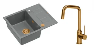 Quadron Unique Zlewozmywak granitowy jednokomorowy 62*50*22 cm z ociekaczem MORGAN 116 SILVER STONE z syfonem Push-2-Open w kolorze miedzianym z baterią NATALIE Q LINE kolor miedziany - Zlewozmywaki z baterią - miniaturka - grafika 1