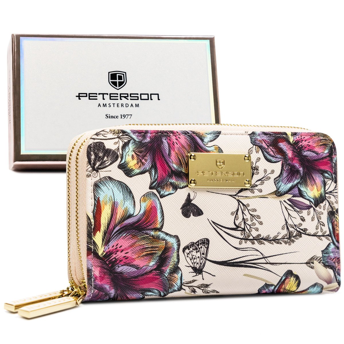 Portfel damski ze skóry ekologicznej poziomy na suwak średniej wielkości PETERSON kolorowy z motywem kwiatów rozbudowany na karty portfel typu piórn..
