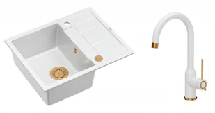 Quadron Unique Zlewozmywak granitowy jednokomorowy 62*50*22 cm z ociekaczem MORGAN 116 SNOW WHITE z syfonem Push-2-Open w kolorze miedzianym z baterią INGRID Q LINE SNOW WHITE w kolorze biały mat/ wykończenie miedź - - Zlewozmywaki z baterią - miniaturka - grafika 1