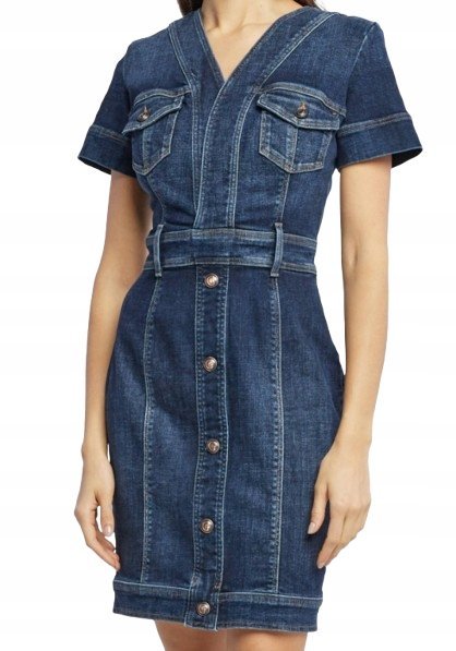GUESS JEANSOWA SUKIENKA Z KRÓTKIM RĘKAWEM I DEKOLTEM SEREK S GXB