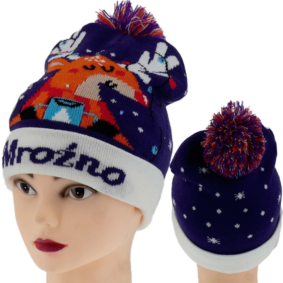 ZIMOWA CZAPKA Z POMPONEM DIODY LED ŚWIECĄCA MROŹNO GRANATOWA