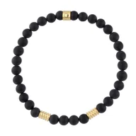 Bransolety męskie - Bransoletka męska czarne matowe kulki onyksu i złote charmsy stal szlachetna. - miniaturka - grafika 1