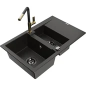 Zlewozmywaki z baterią - Mexen Gaspar zlewozmywak granitowy 1,5-komorowy z ociekaczem i baterią kuchenną Flora, czarny/złoty - miniaturka - grafika 1