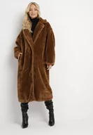 Płaszcze damskie - Brązowy Futrzany Płaszcz z Wywiniętym Kołnierzem Klorre - miniaturka - grafika 1