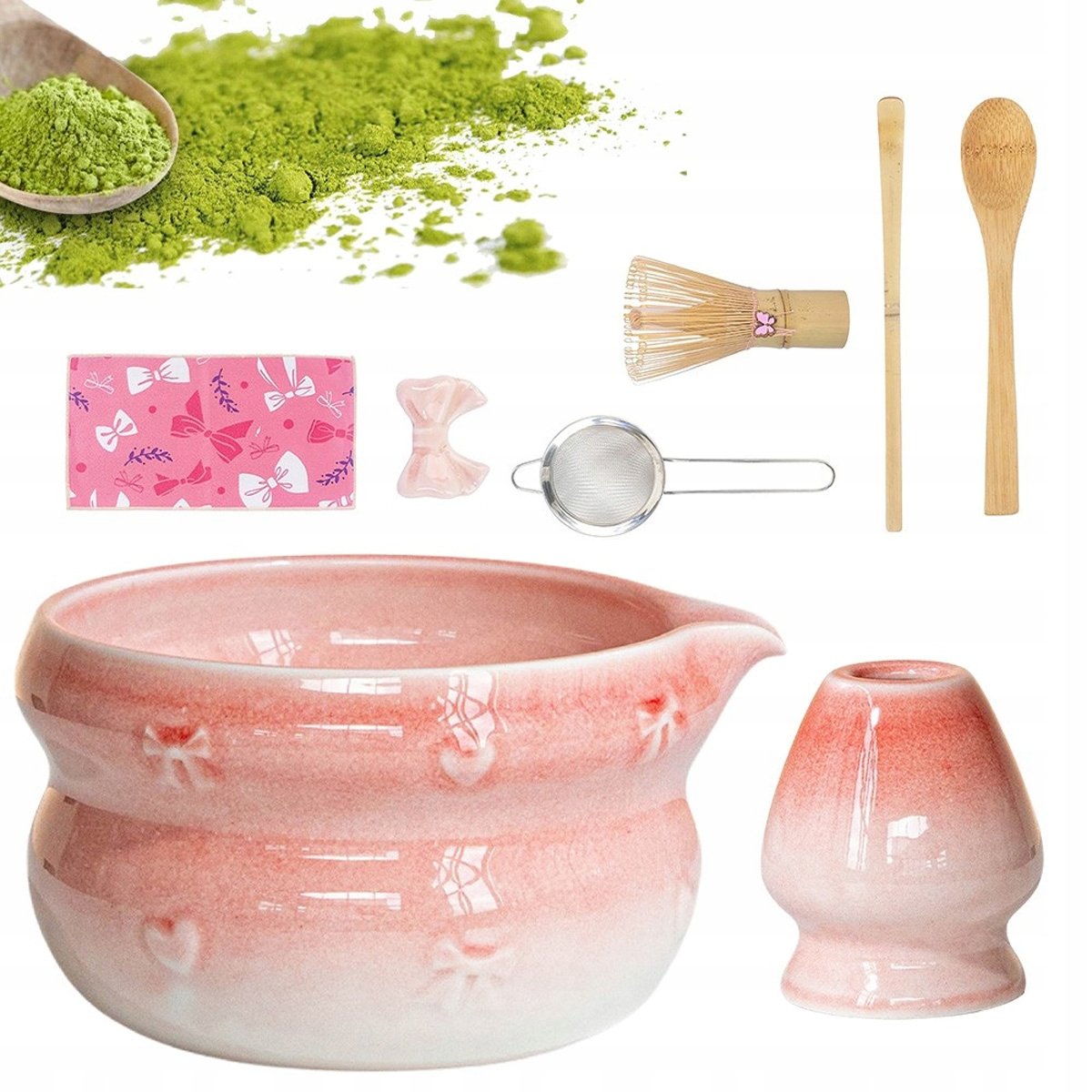 Zestaw do robienia Matchy, Japońska Herbata Matcha 8W1 Różowy Ceramiczny