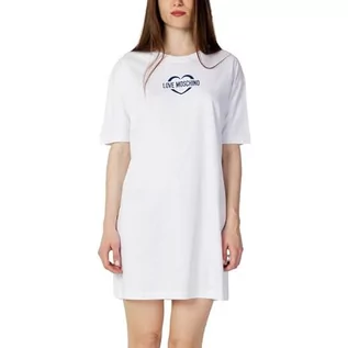 Sukienki - Love Moschino Damska sukienka z krótkim rękawem, komfortowa w dotyku, biała (Optical White), rozmiar 46 (DE), optical white, 46 - grafika 1