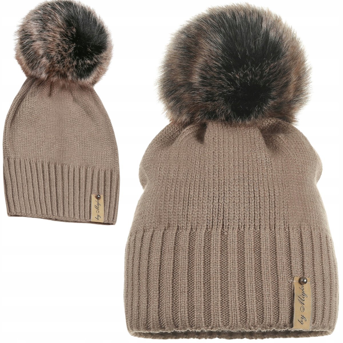 BEŻOWA Czapka Damska z Pomponem Jesienna Zimowa CIEPŁA POLSKA MARKA MAJKA
