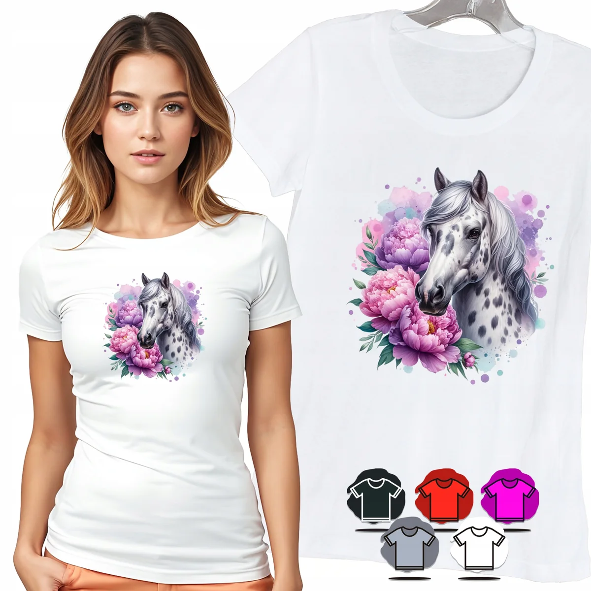KOSZULKA DAMSKA T-SHIRT - KOŃ W KWIATACH RÓŻOWY PORTRET DAMSKI WZÓR - L