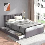 Łóżka - Łóżko tapicerowane Merax 140x200cm podwójne łóżko z listwowym stelażem i 2 szufladami, łóżko do przechowywania drewniane łóżko funkcjonalne łóżko aksamitne, szare - miniaturka - grafika 1
