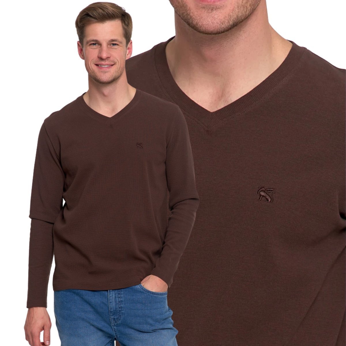 Koszulka Męska Długi Rękaw Longsleeve Dekolt W Serek Haft Bawełna Moraj M Brown