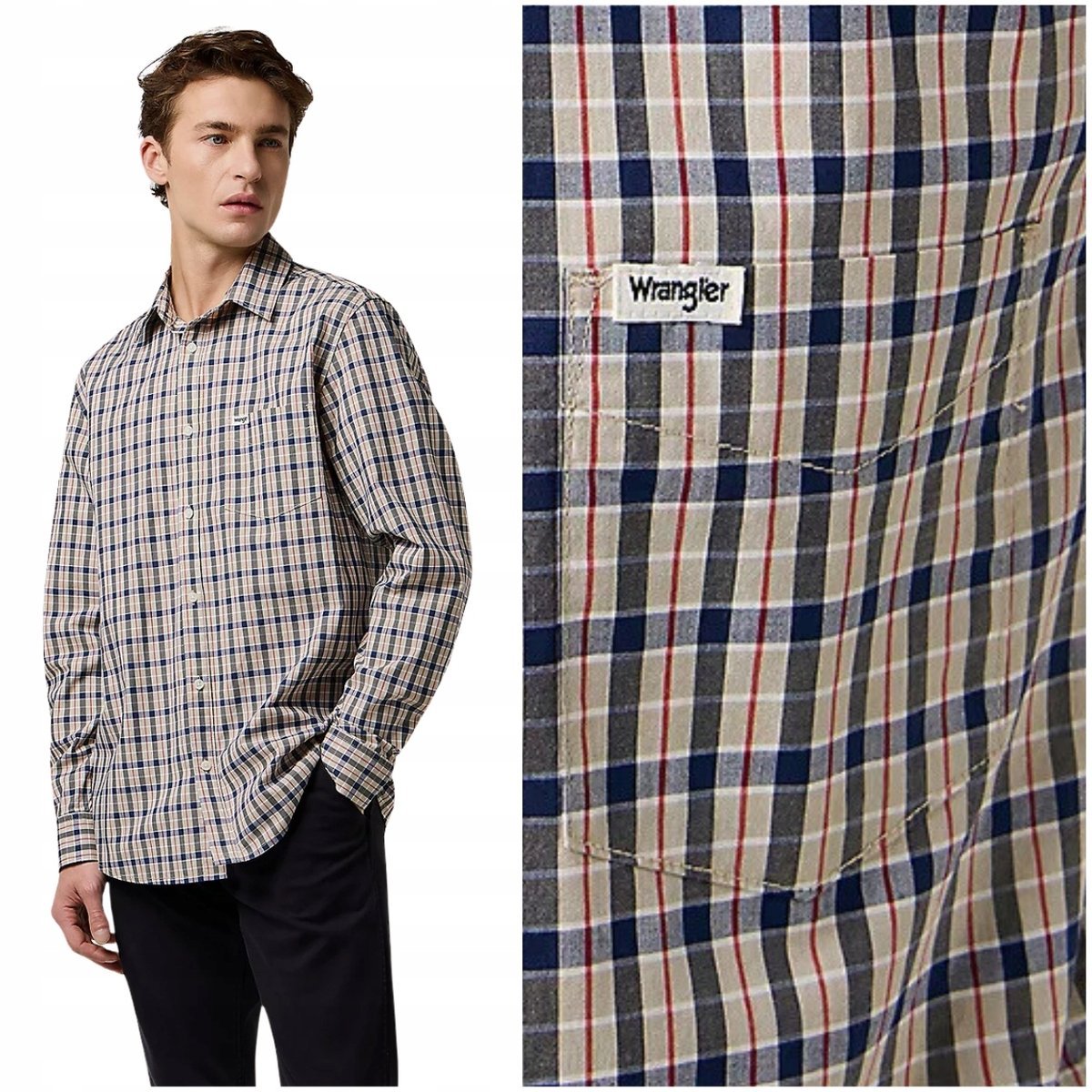 Wrangler 1 PKT SHIRT Beige klasyczna koszula bawełniana męska w kratę XL