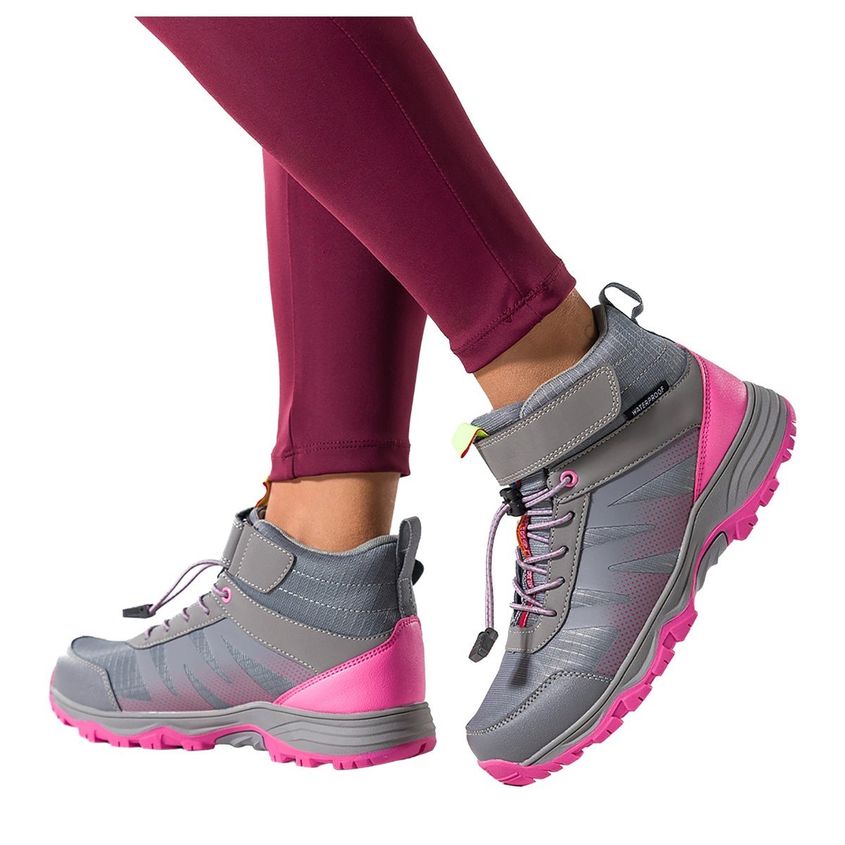 Szare buty trekkingowe damskie wodoodporne na bieżnikowanej podeszwie z regulowaną elastyczną sznurówką pasek na rzep różowe wstawki Casu 7390-1D-37