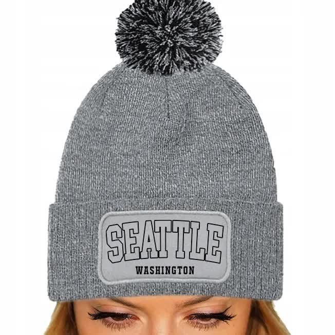 CZAPKA POMPON Bawełniana ZIMOWA Szara SE4ATLE WASHINGTON Dla Fana USA Wzory