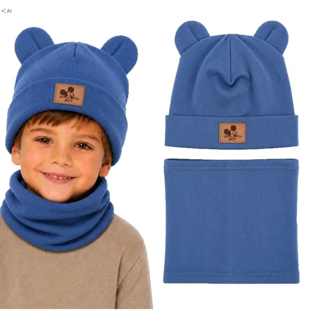 Czapka i Komin Dla Chłopca Komplet Jesienny prążek MYSZKA jeansowy 48 cm
