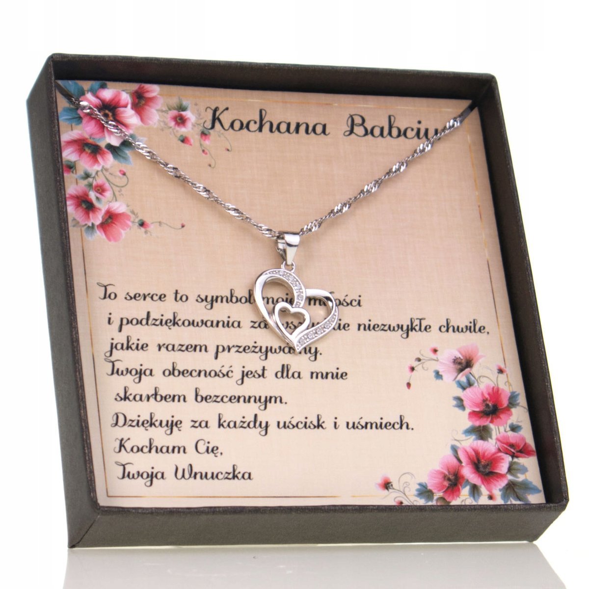 Srebrny Naszyjnik dla Babci Dedykacja Prezent Serce